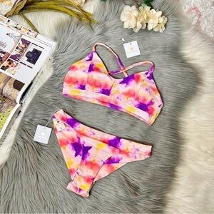 AMA Bikinis Tie Dye Ruched Pink Purple Bikini Swimsuit Set Sz M/S